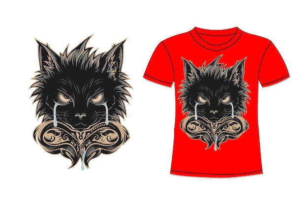 a red t shirt with a black cat on the front and the words monster on the front