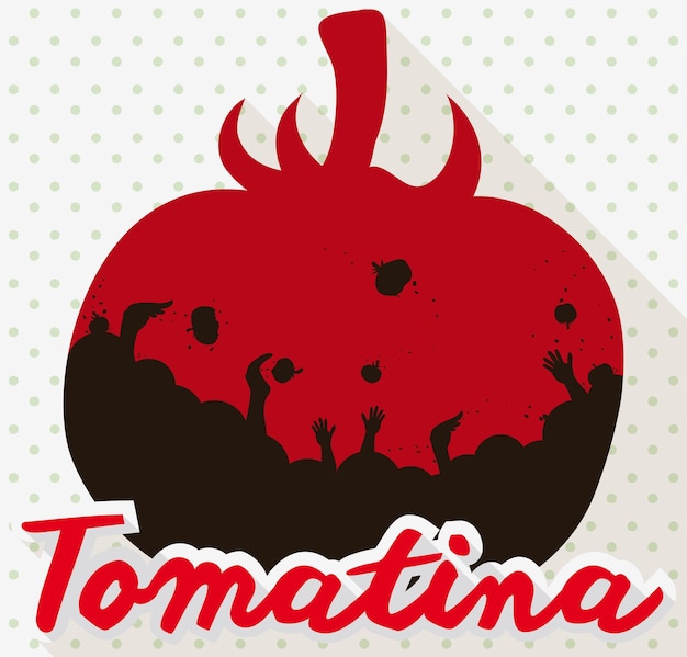 Red tomato silhouette and crowd inside of it throwing tomatoes each other at Tomatina Festival