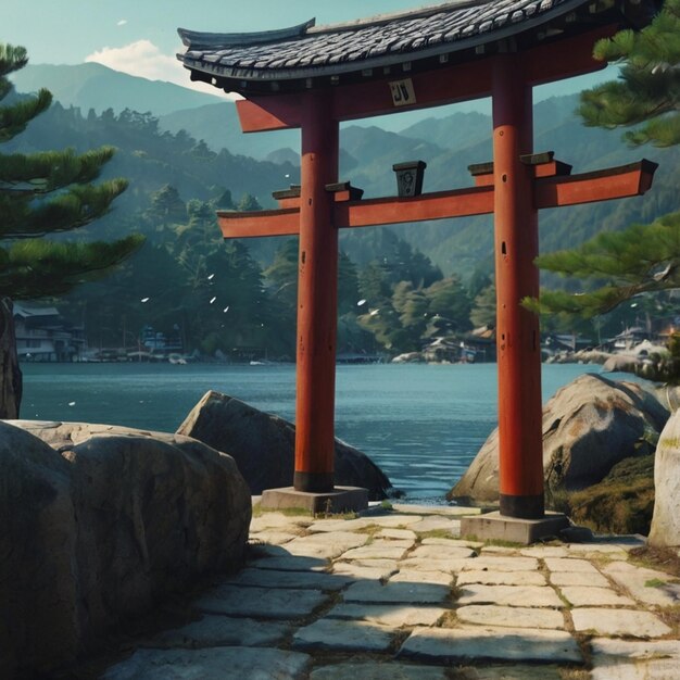 a red torii gate stands in front of a lake