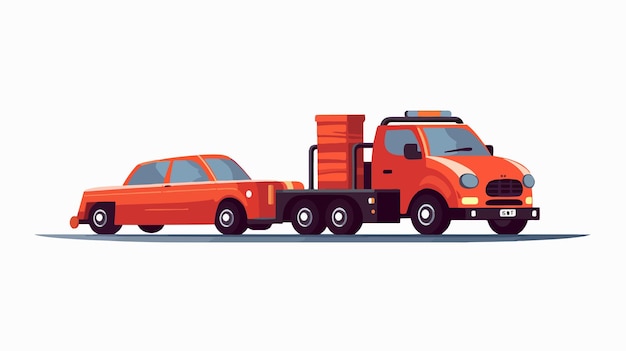 a red tow truck with a red car on the back of it