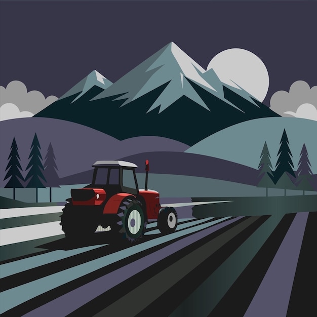 a red tractor is driving down a road in front of a mountain