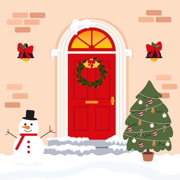 Red traditional entrance door with Christmas decoration with a Christmas tree and a snowman Front d