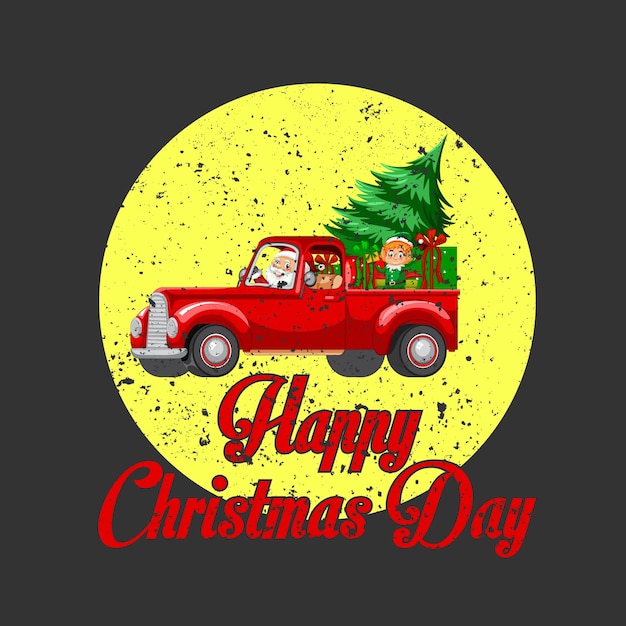 A red truck with a tree on the back that says happy christmas day.