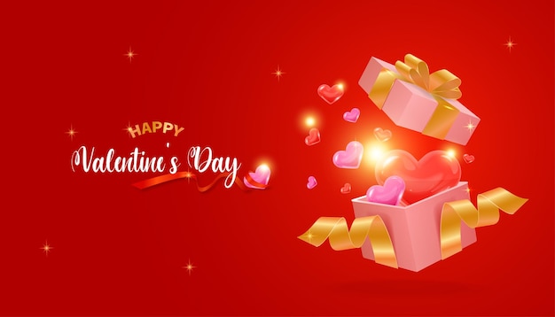 Red Valentine's day card with an open gift box with gold ribbon and hearts flying out of it