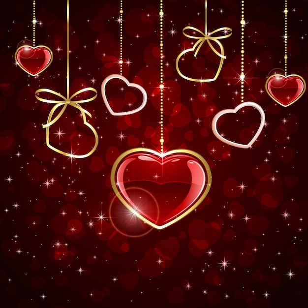 Red valentines background with hanging shiny hearts, illustration.