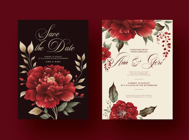 Vector red vector elegant wedding invitation with beautiful watercolor flower