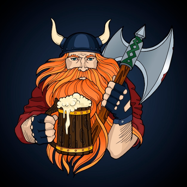 Red Viking with axe and a mug of ale