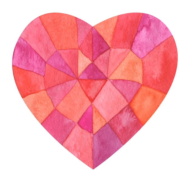 Red watercolor heart consisting of colorful pieces. Traced hand-drawn watercolor illustration