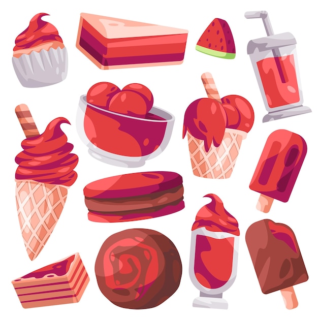 Vector red watermelon sweets cake ice cream and beverages cartoon illustration set collection