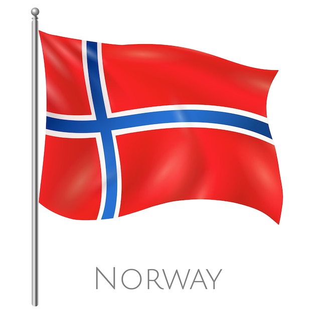 A red white and blue flag of Norway flying in the wind