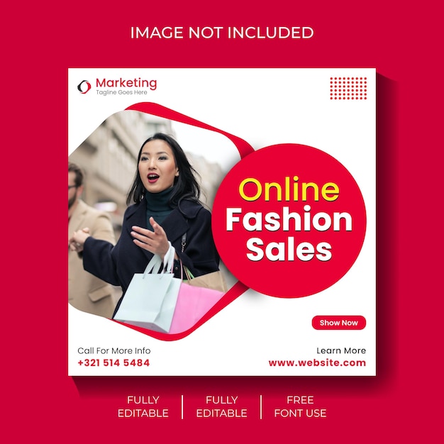 A red and white poster for online fashion sales.