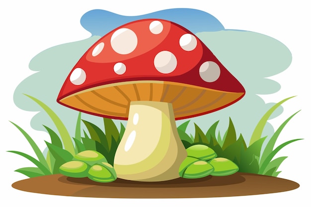 Vector red and white spotted mushroom with green grass and leaves