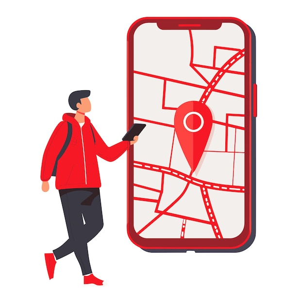 Vector red and white vector icon of a person standing next to their phone with a location pin on it