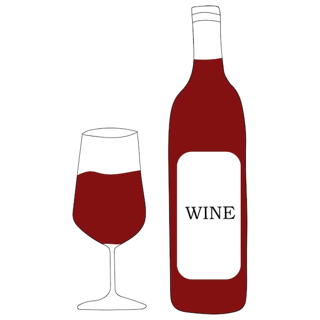 Red wine in a bottle and a glass of wine vector illustration in doodle style