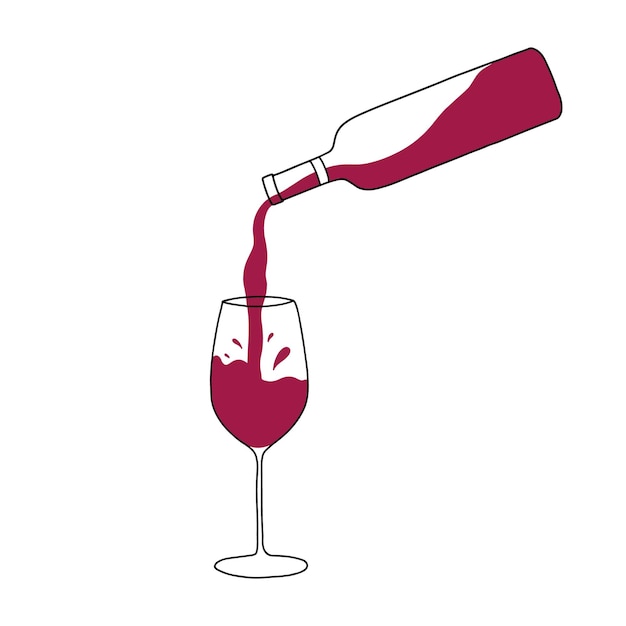 Red wine is poured from a bottle into a glass Vector illustration in doodle style Vector illustration