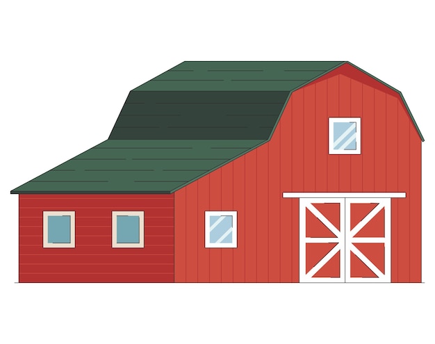 Red wooden barn on the farm isolated on white background Vector cartoon illustration