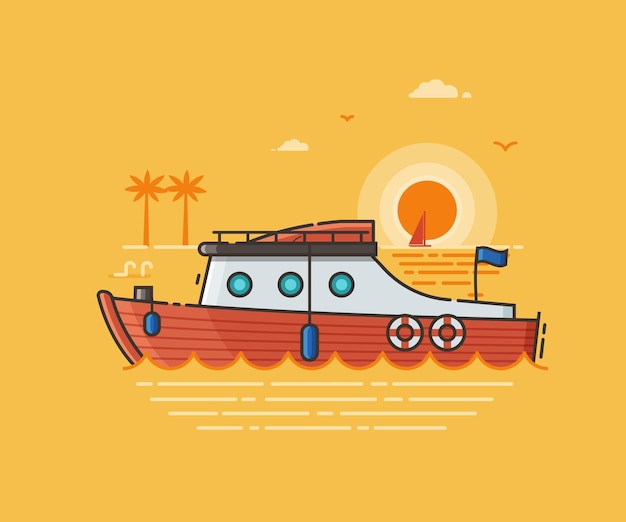 Red yacht tourist boat on seaside background Motor boat excursion or summer holidays concept scene Sport ship vector illustration in flat design Modern speedboat by sunset as sea vacation metaphor