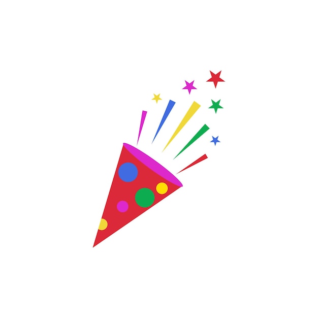 A red, yellow, and blue party hat with a confetti on it.