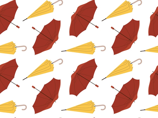 Red and yellow Umbrellas in various positions seamless pattern Open and folded umbrellas