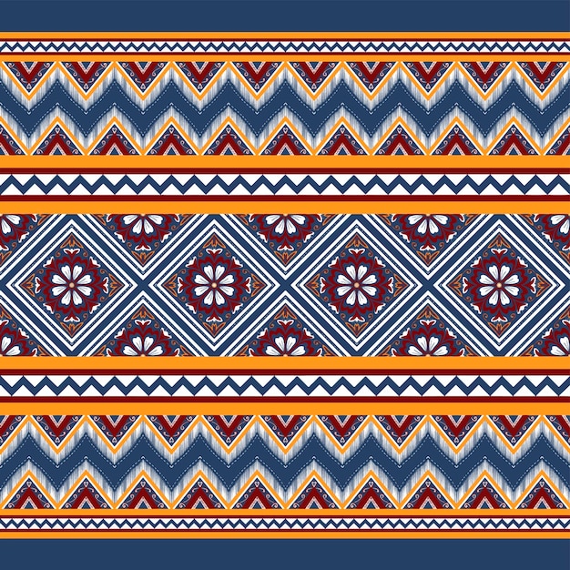 Red, Yellow, White on Navy Blue. Geometric ethnic oriental pattern traditional Design for background,carpet,wallpaper,clothing,wrapping,Batik,fabric, vector illustration embroidery style.