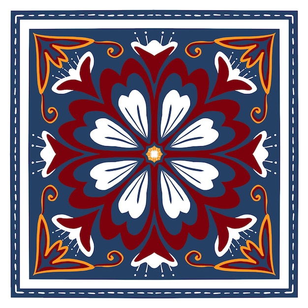 Red Yellow White on Navy Blue Scarf Shawl Geometric ethnic oriental pattern traditional Design