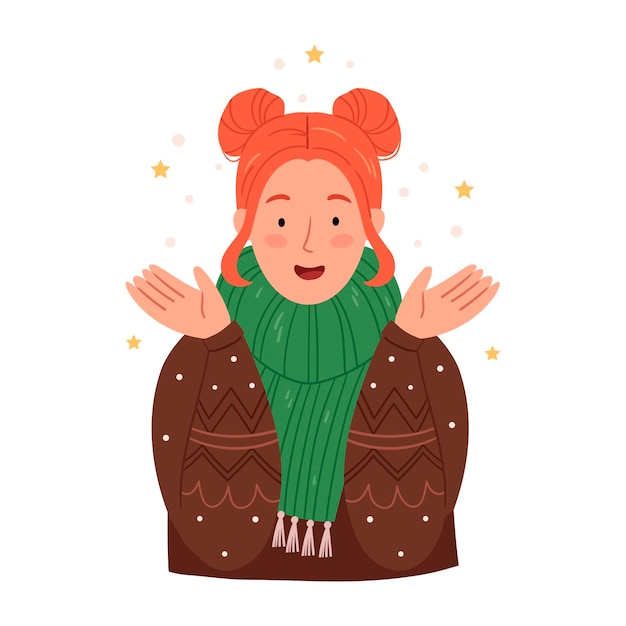 A redhaired girl in a Christmas sweater is happy about the first snow New Year's atmosphere Scandinavian style