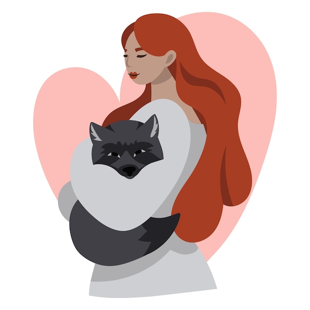 redhaired girl with a gray fox in her hands on a white background with a heart A girl with an animal