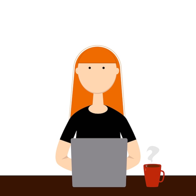 Redhaired girl woman office worker business woman freelancer behind a laptop with a cup of coffee