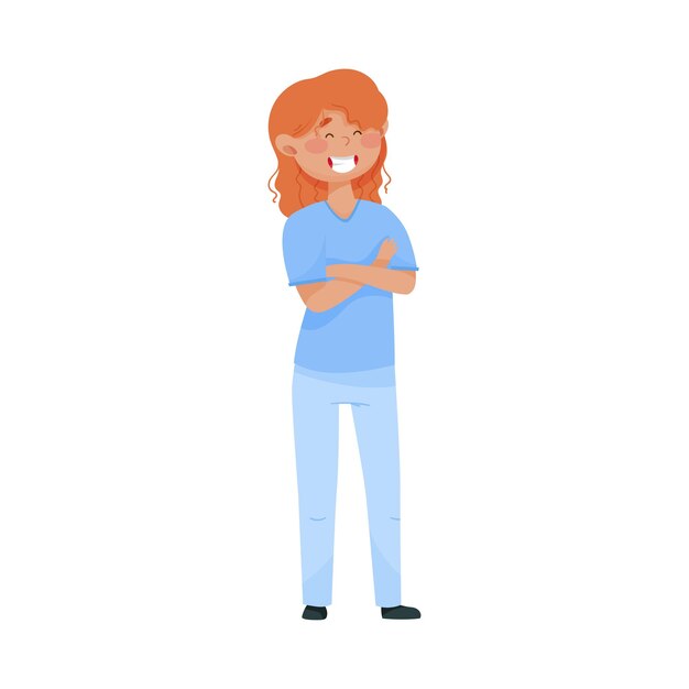 Vector redhaired woman doctor in medical uniform standing with her arms folded on the chest vector illustration