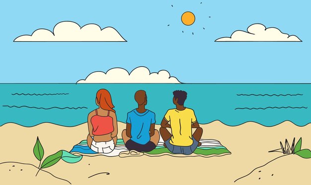 Vector redhaired woman red top white shorts two men blue yellow tshirts sitting facing ocean horizon