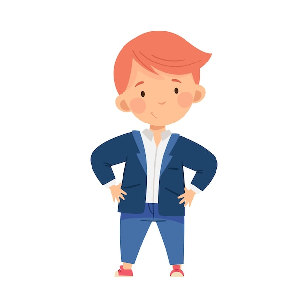 Vector redhead fashionable boy standing in trendy jacket and denim blue trousers vector illustration