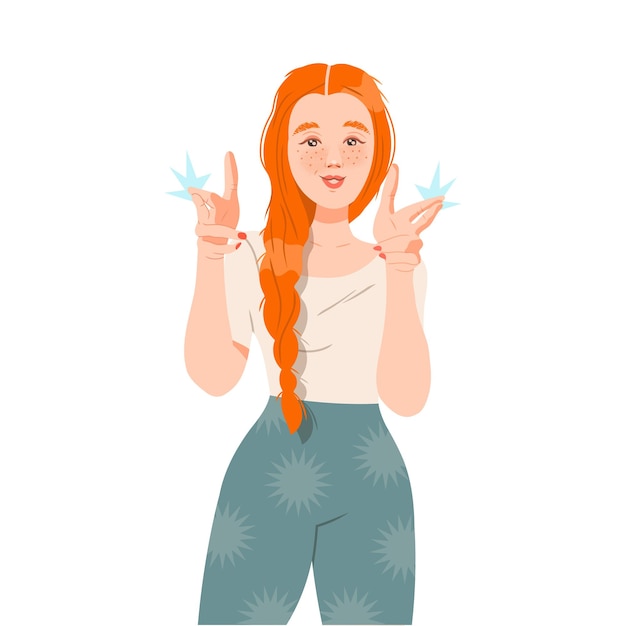 Vector redhead female showing finger gun as positive mimic hand gesture vector illustration