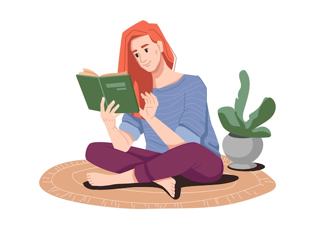 Redhead girl reading book in lotus pose on floor