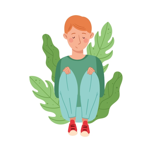 Redhead Male Sitting on the Ground with Bending Knees and Floral Leaves Behind Vector Illustration