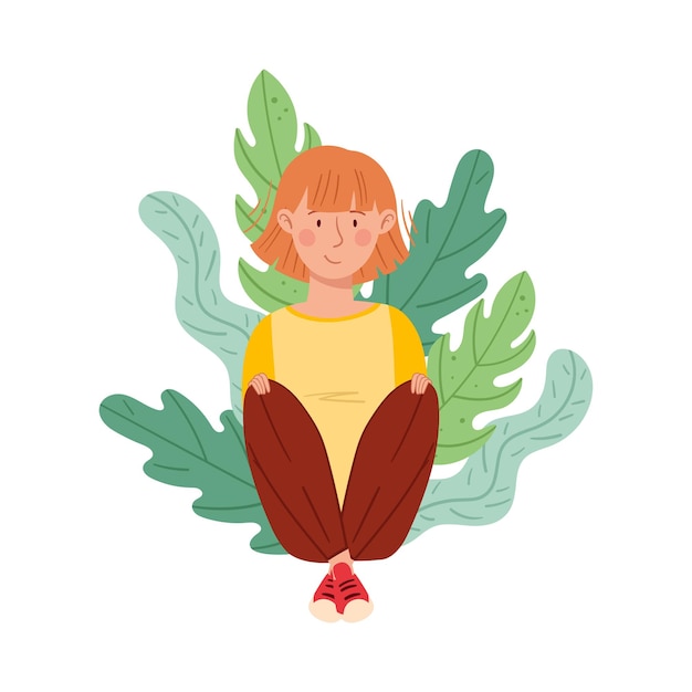 Redhead Woman Sitting on the Ground with Floral Leaves Behind Vector Illustration