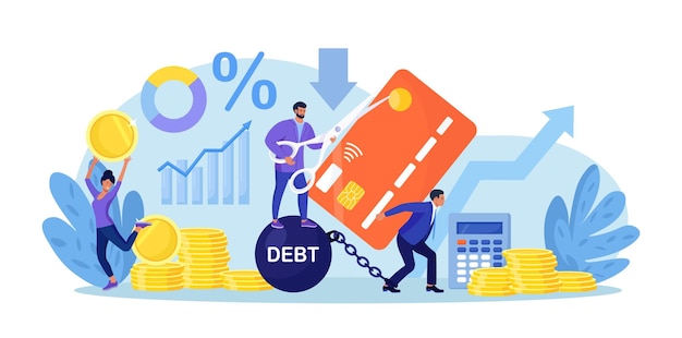 Reduce debt Banker cuts credit card of borrower with scissors Money debt deliverance and finance freedom Businessman helped debtor to solve financial problems Man freed from monetary obligations