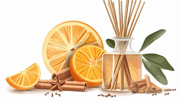 Vector reed diffuser with cinnamon and orange on white background