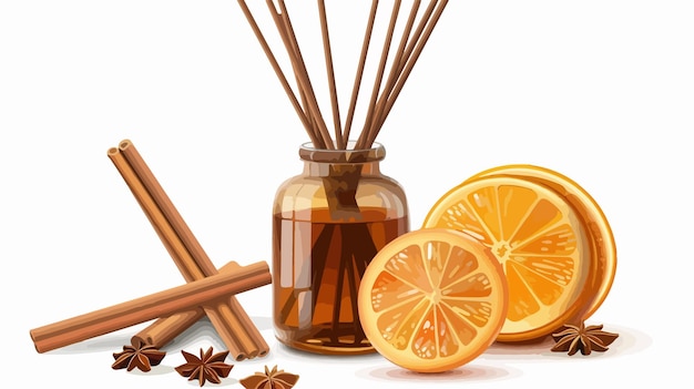 Vector reed diffuser with cinnamon and orange on white background