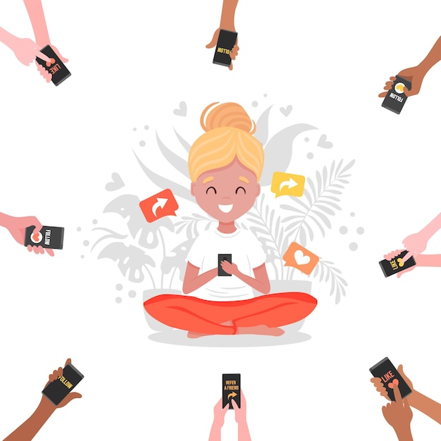 Vector refer a friend banner with cartoon hands holding phones and girl sitting in lotus with phone