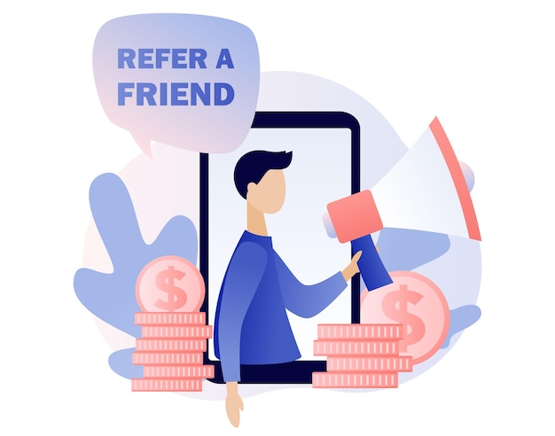 Refer a friend concept. Flat cartoon style. Vector illustration	