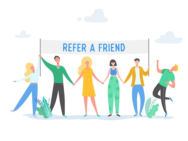 Refer a friend concept with banner and business character people holding sign, smiling man and woman illustration. Friendship, leadership, business team, social diversity concept  