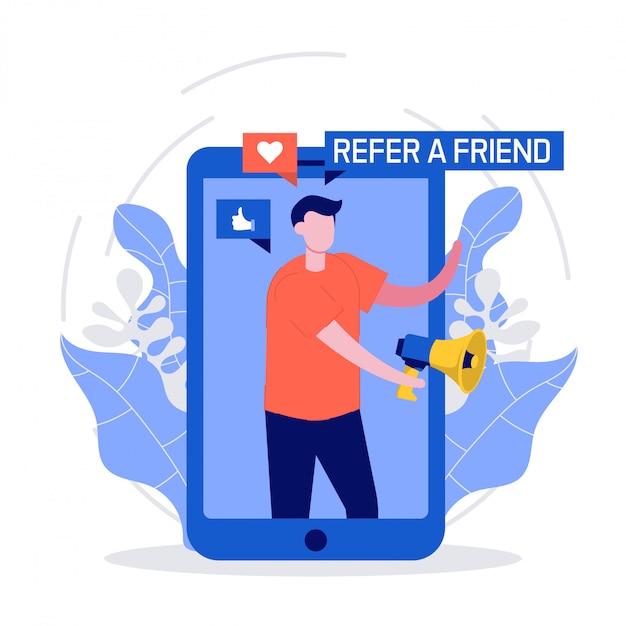 Refer a friend concept with smartphone and megaphone. People share info about referral and earn money.