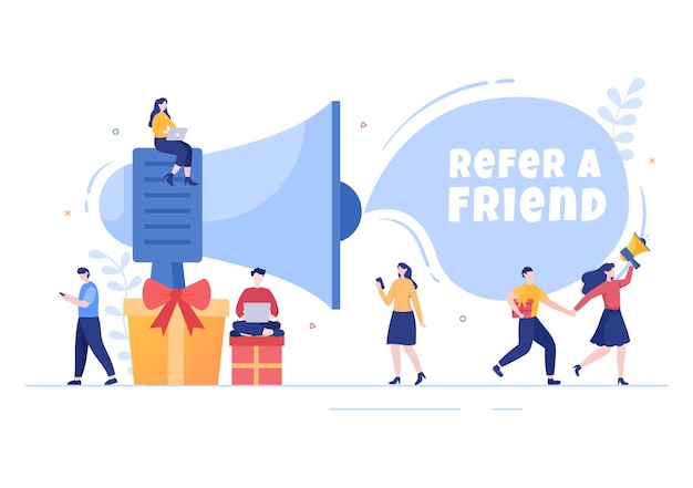 Refer a Friend Flat Design Illustration with Megaphone on Screen Mobile Phone and Social Media Marketing for Friends via Banner, Background or Poster