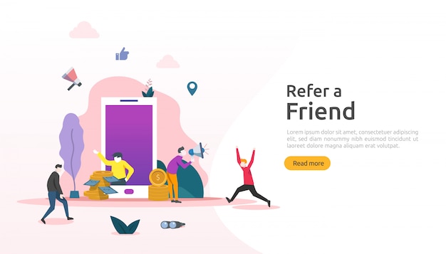 Refer a friend strategy and affiliate marketing concept . people character sharing referral business partnership and earn money. template for web landing page, banner, poster, print media