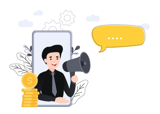 Refer a friend vector illustration concept, businessman shout on megaphone with refer a friend words, can be used for landing pages, template, ui, web, mobile app, poster banner or flyer.