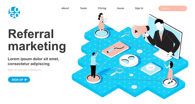 Referral marketing isometric concept in 3d design for landing page