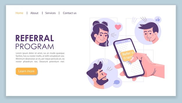 Referral program landing page vector template. Social media marketing website interface idea with flat illustrations. Company homepage layout. Refer a friend web banner, webpage cartoon concept