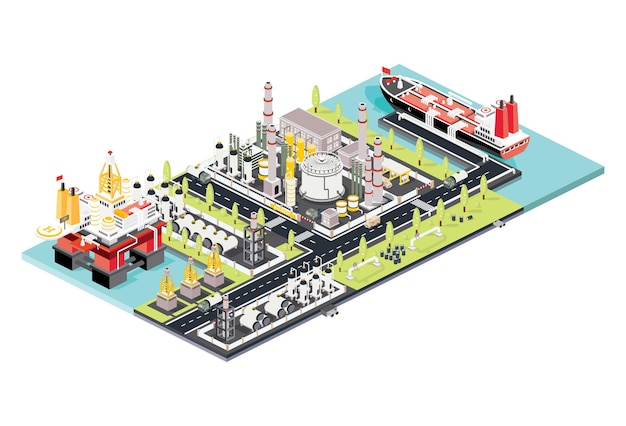 Refinery Plant Isometric Oil Tank Farm Offshore Oil Rig Maritime Port with Oil Tanker Moored at an Oil Storage Silo Terminal