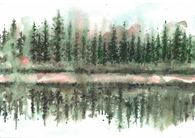 Reflection of  beautiful pine trees in lake watercolor