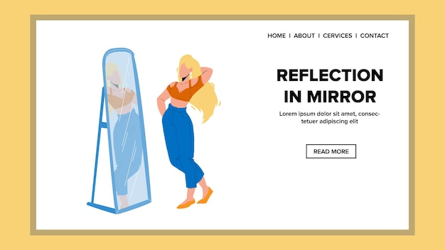 Reflection In Mirror Watching Young Woman Vector. Reflection In Mirror Examining Girl Her Clothes, Beauty Makeup Or Hairstyle. Glamor Character Lady In Fashion Clothing Web Flat Cartoon Illustration